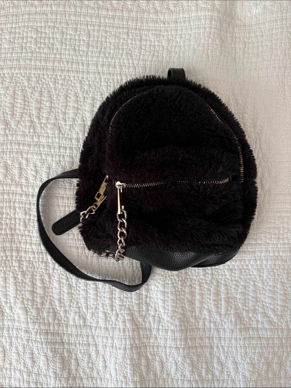 Forever 21 Black Faux Fur Mini Backpack with Gold Hardware